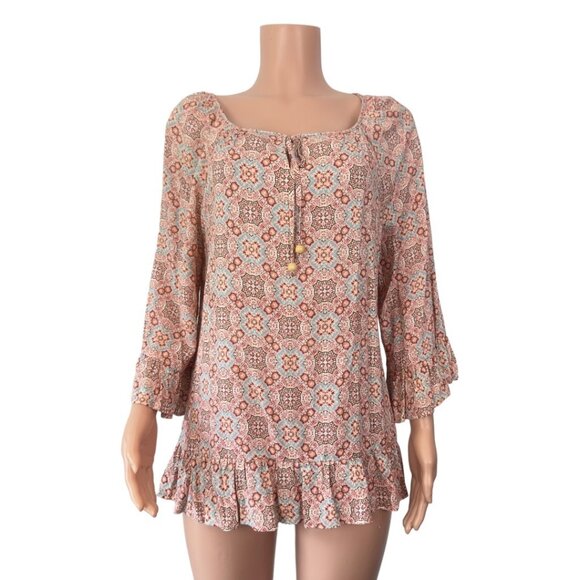 WESTPORT 1962 Women SZ XL Boho Floral Print Blouse With Ruffle Hem & 3/4 Sleeves - Picture 7 of 14